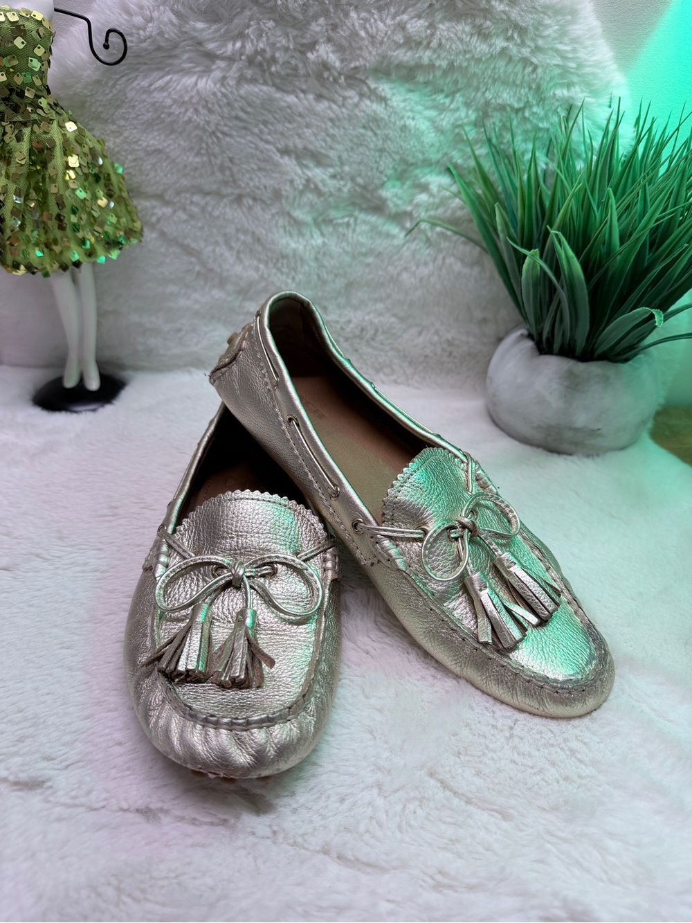 Coach Metallic Nadia Gold Tassel Leather Moccasin Loafers Boat Summer Shoes 🏝️